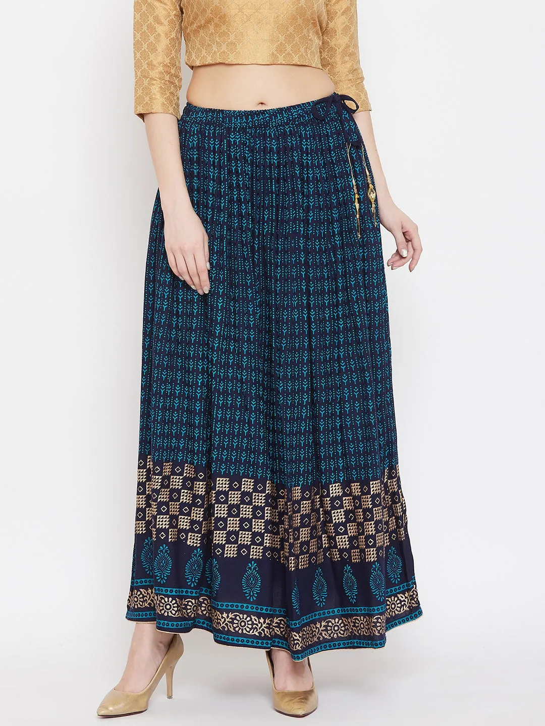 Women'S Navy Blue Printed Rayon Skirt