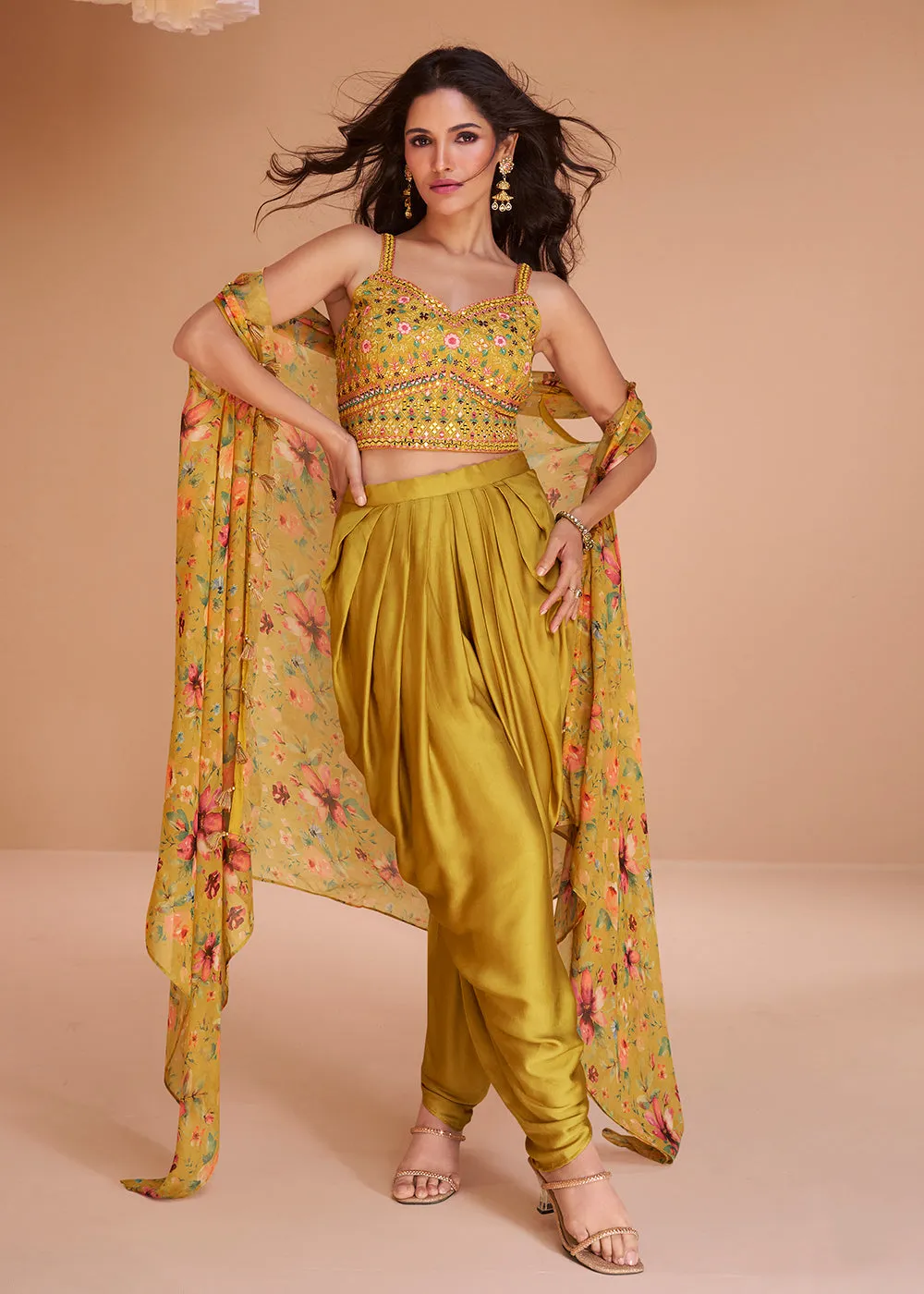 Yellow Mustard Satin Silk Indo Western Style Dhoti Pant Suit