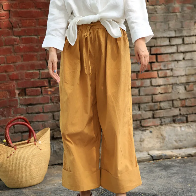 Yellow Women Casual Cotton Pants With Pockets Z98408