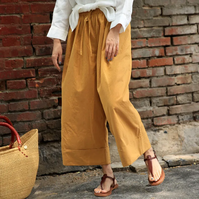 Yellow Women Casual Cotton Pants With Pockets Z98408