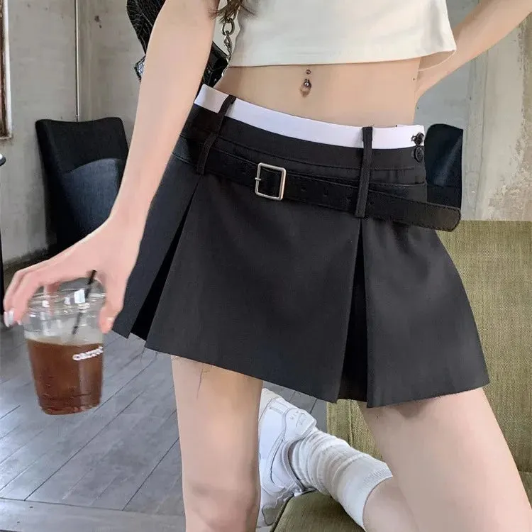 YESMYTOOL  -   Belt Pleated Mini Skirt Women Korean Style Preppy Summer Patchwork High Waist Casual A-line Skirt Shorts Streetwear